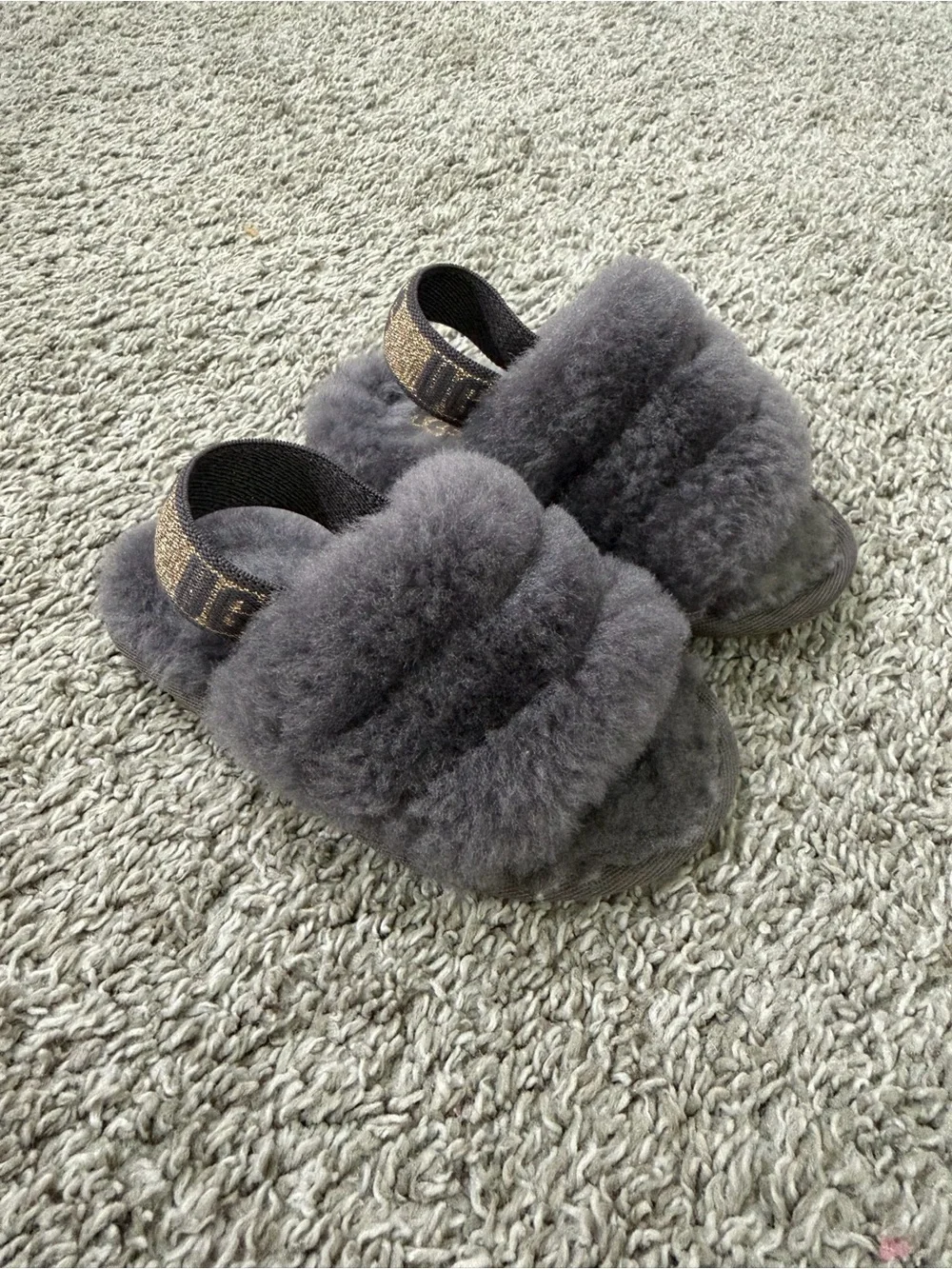 Kids Gray UGG Fuzzy Slide Sandals with Elastic Back Strap